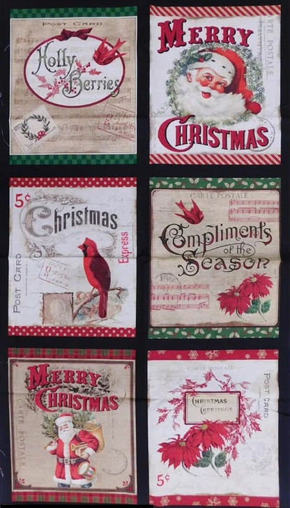 Christmas Postcard Holiday Santa Cardinals Cotton Quilting Fabric Panel