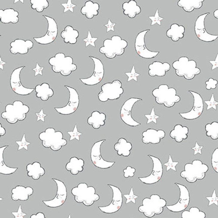 Moon Clouds And Stars Comfy Grey Cotton FLANNEL Fabric