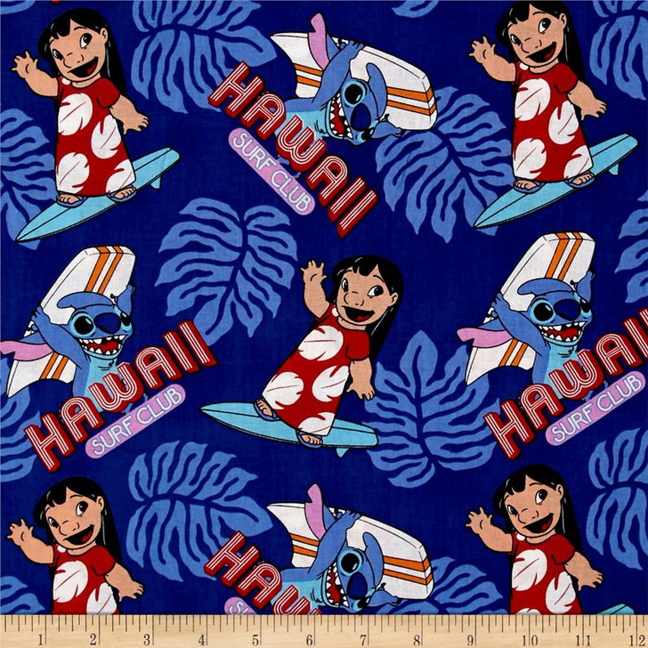 Disney Lilo and Stitch Surfs Up Blue Cotton Quilting Fabric