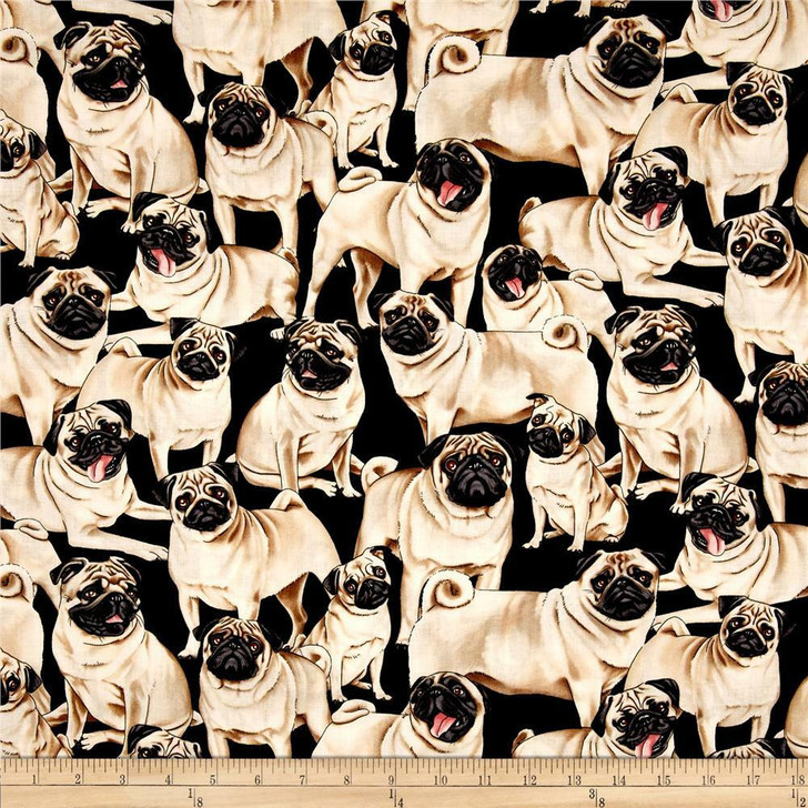 Pug Dog Black Background Cotton Quilting Fabric