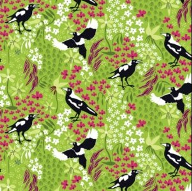 Merry Magpies Lime Green Australian Birds Taking Flight Cotton Quilting Fabric