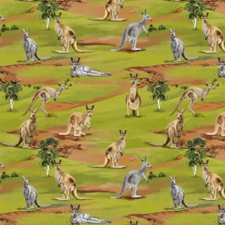 Australian Wildlife Valley Kangaroos Brown and Grey Cotton Quilting Fabric
