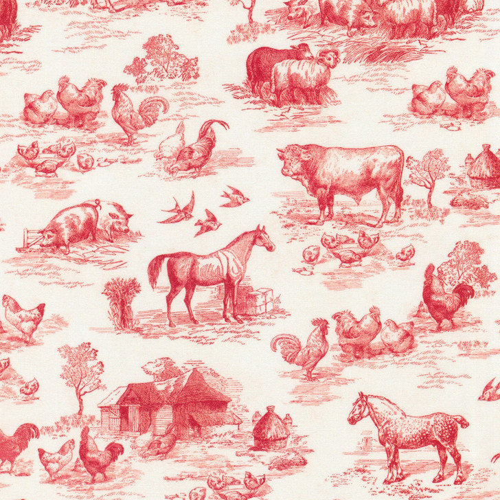 Down on the Farm Toile Red Cows Horses Pigs  Cotton Quilting Fabric