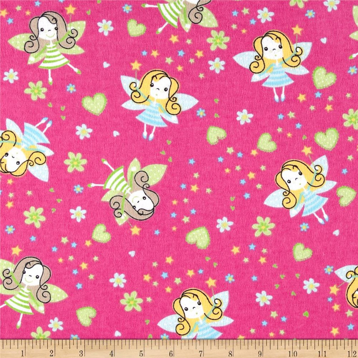 Fairies hearts Flowers Fuchsia Cotton FLANNEL Quilting Fabric