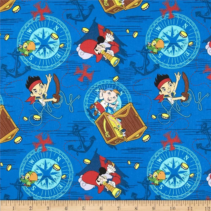 Disney Jake in Neverland Jake Treasure Ahoy Toss Blue Cotton Quilting Fabric 1/2 YARD