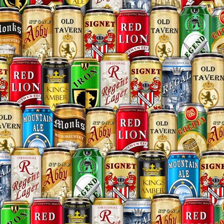 Ale House Beer Cans Stacked Multi Cotton Quilting Fabric