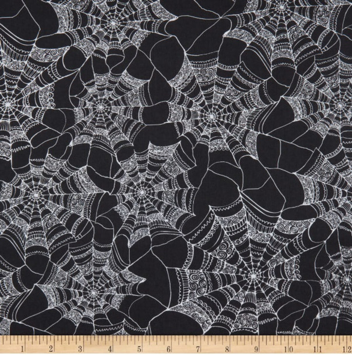 Halloween Patterned Spider Webs Black Cotton Quilting Fabric