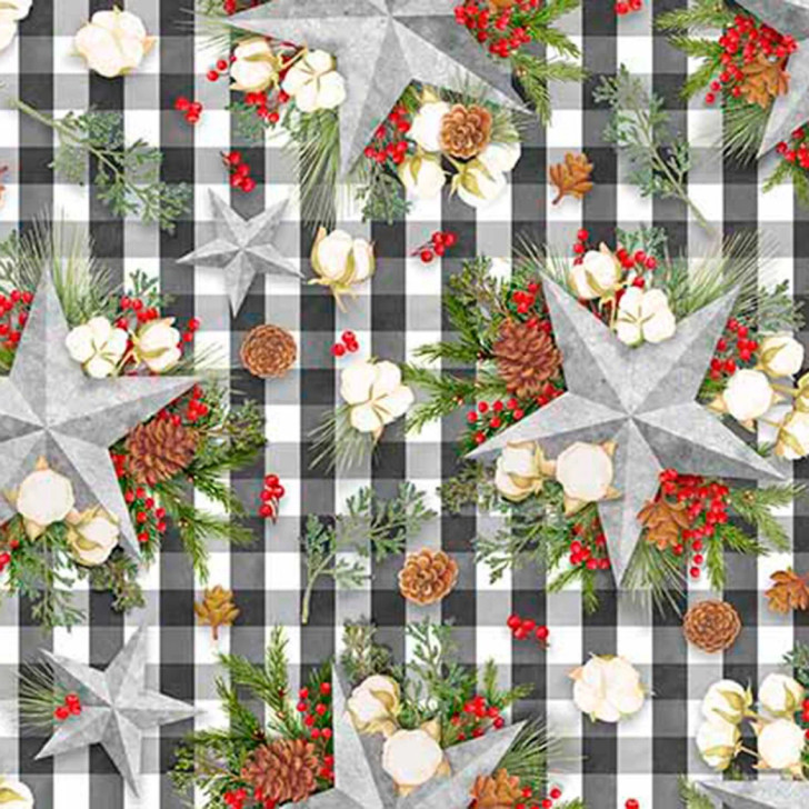 Christmas Gingham Stars Cotton Quilting Fabric