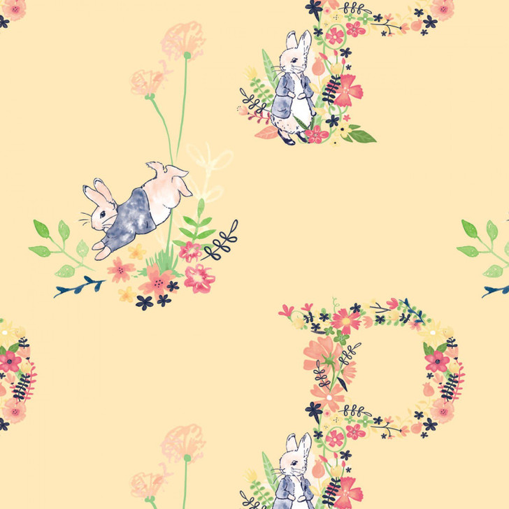 Peter Rabbit Flowers and Dreams Yellow Cotton Quilting Fabric