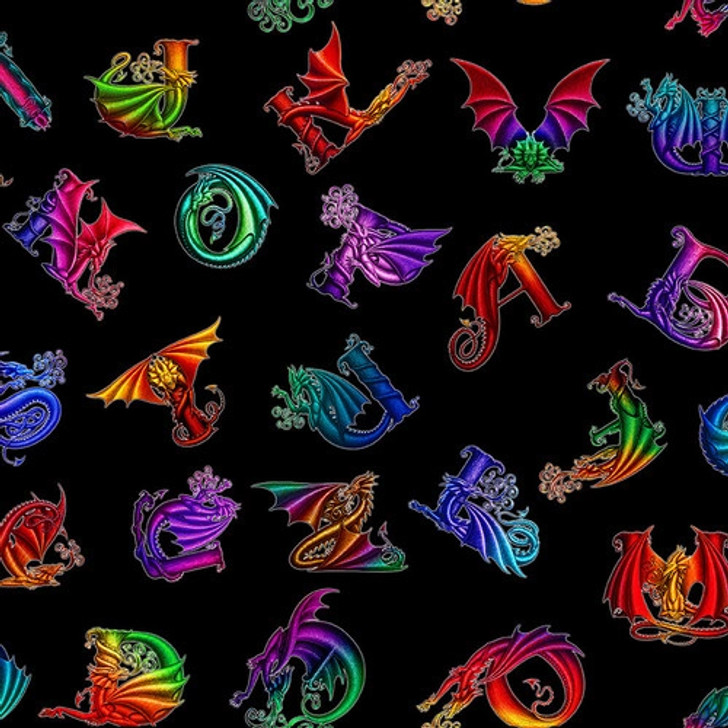 Rainbow Dragon Alphabet Allover Tossed Black Background 5847S-99 Cotton Quilting Fabric