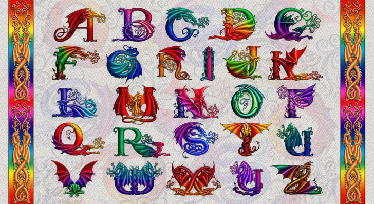 Rainbow Dragon Alphabet Ecru 5849PS-44 Cotton Quilting Fabric Panel