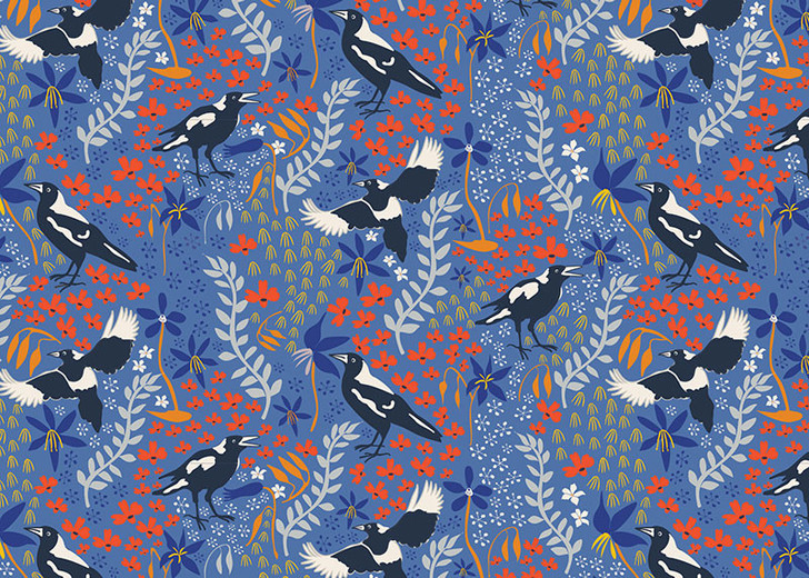 Merry Magpies Blue Australian Birds Taking Flight Cotton Quilting Fabric