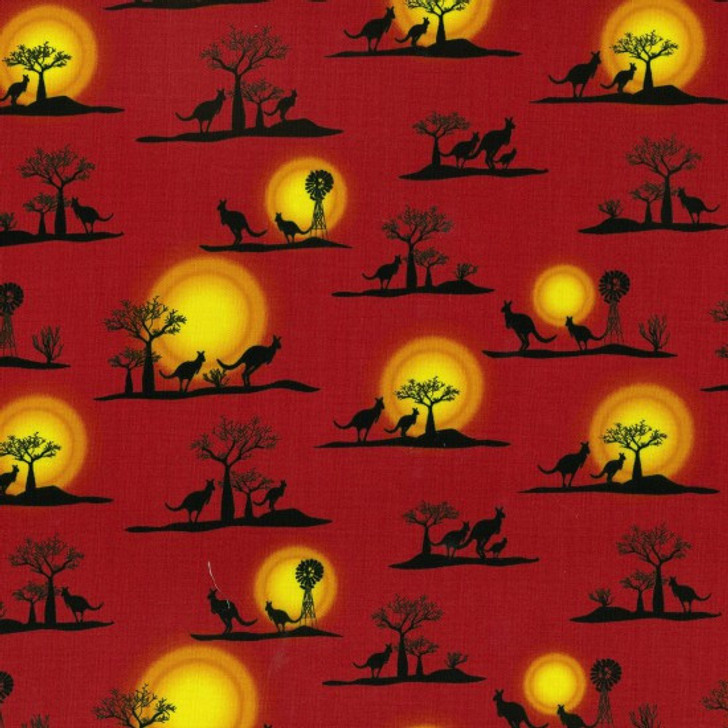 Australian Outback Kangaroos Sunset Windmills Red Cotton Quilting Fabric