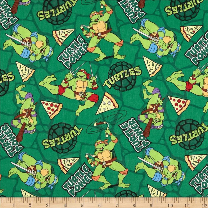 Teenage Mutant Ninja Turtles Power Pizza Toss Green Cotton Quilting Fabric 60cms