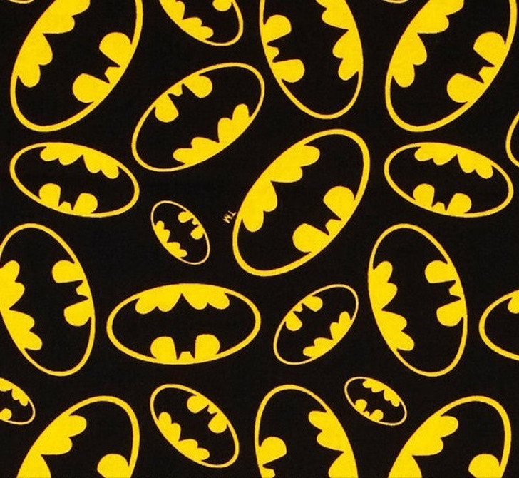 Batman Emblems Tossed Black Background FLANNEL Cotton Quilting Fabric 70 cms