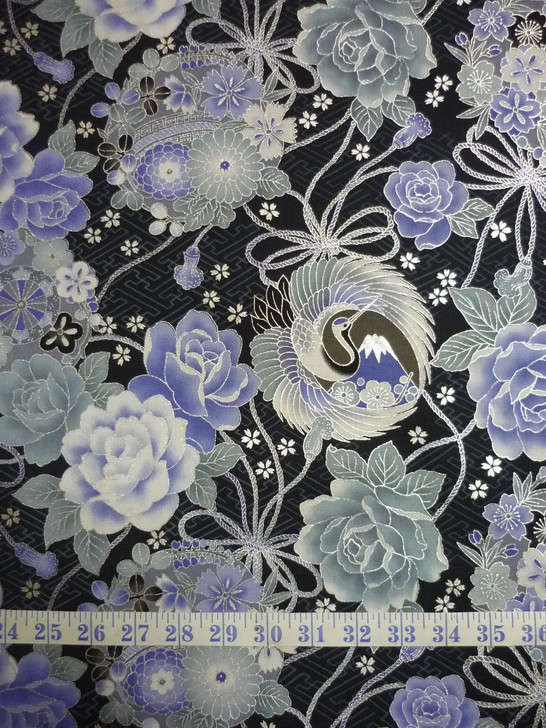 Cranes Flowers Silver Highlights Toto Navy Japanese Asian Cotton Quilting Fabric