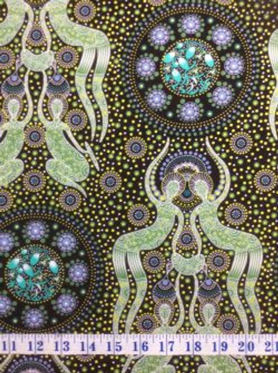 Australian Aboriginal Art Women Collecting Bush Food Green Cotton Quilting Fabric