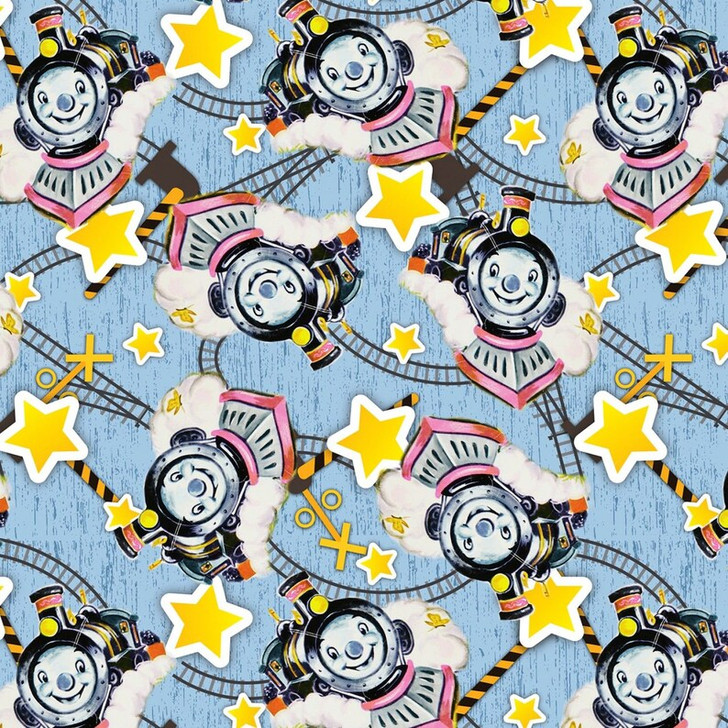 Vintage Storybook Benji Engie Train and Tracks Blue Cotton Quilting Fabric