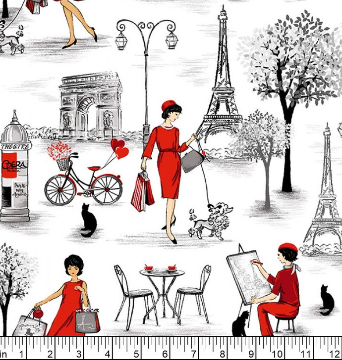 Bonjour Parisian Women in Red Eiffel Tower White Background Cotton Quilting Fabric