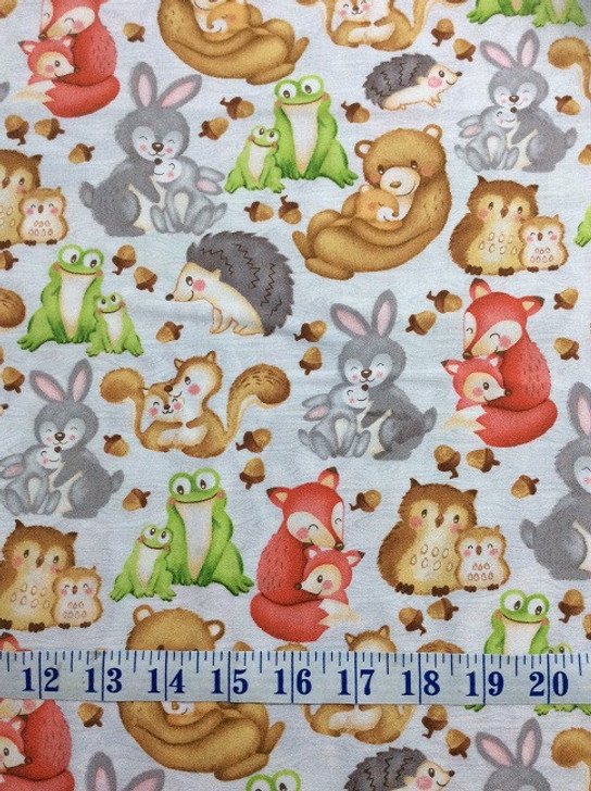Hugs and Love Trees Animal Mums and Babies Packed Grey Cotton Quilting Fabric