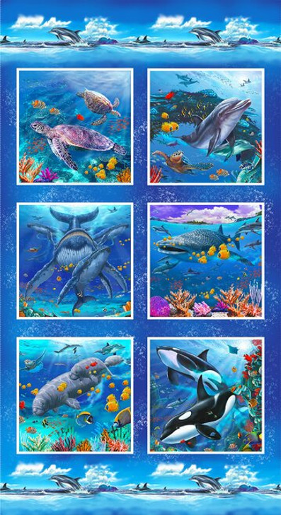 Reef Life Dolphins, Turtle Whales Cobalt 5755 17 Cotton Quilting Fabric Panel