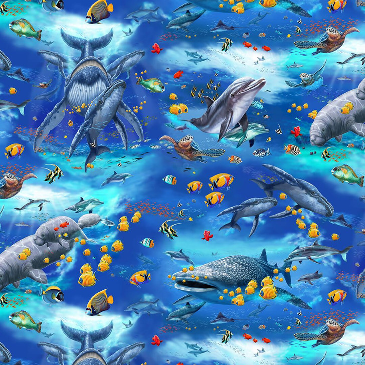 Reef Life Sea Life Whales Turtles Fish Blue 5753 17 Cotton Quilting Fabric