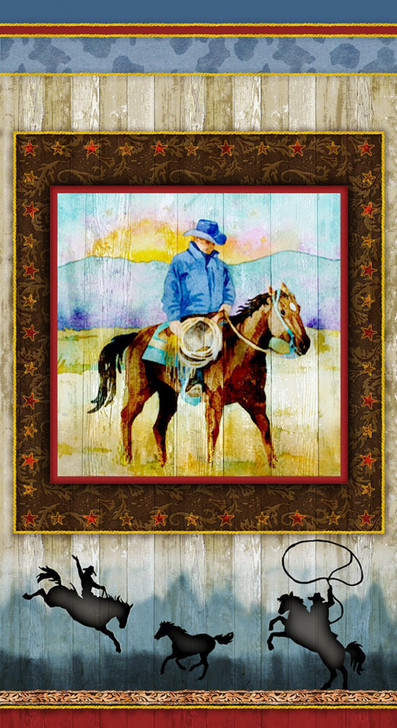 Sunset Rodeo Cowboy Riding a Horse 9156P 33 Cotton Quilting Fabric Panel