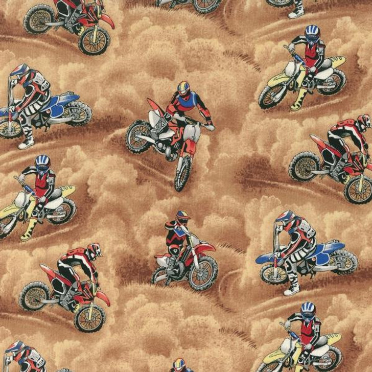 Motorcross Dirt Motorbike Brown Background Cotton Quilting Fabric