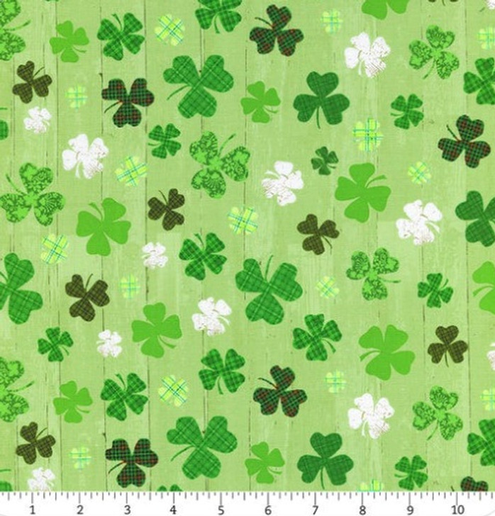 Hello Lucky Irish Green Four Leaf Clover on Woodgrain 9736-66 Cotton Quilting Fabric