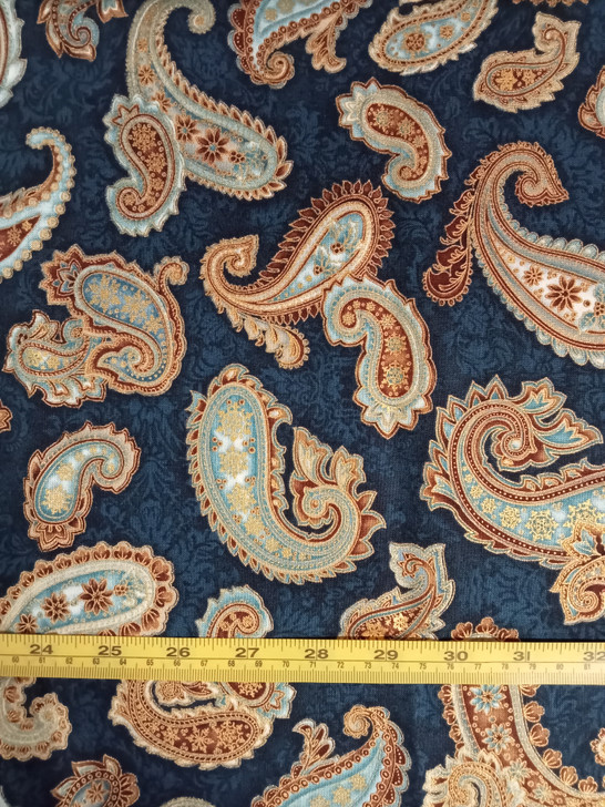 Holiday Flourish 6 Paisley Metallic Frost Blue Cotton Quilting Fabric