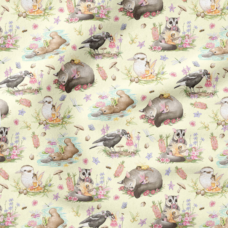 Australian Fairy Friends with Animals Yellow DV5601 Cotton Quilting Fabric