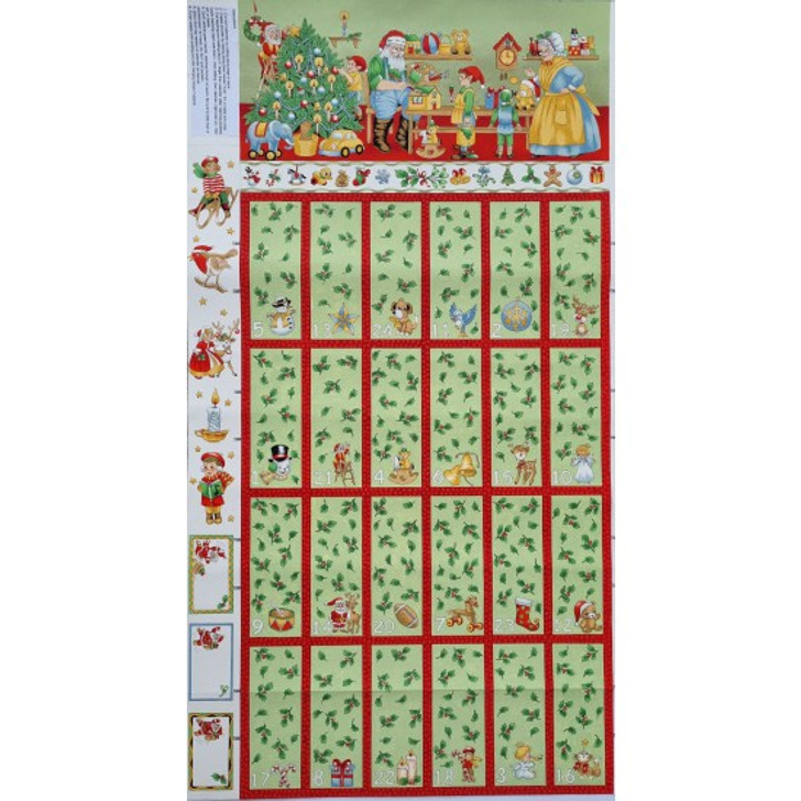 Father Christmas and Elves Advent Calendar Cotton Quilting Fabric Panel