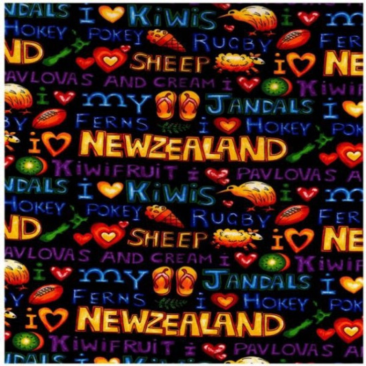 Kiwi Kapers Love New Zealand NZ Words Jandals Sheep Cotton Quilting Fabric