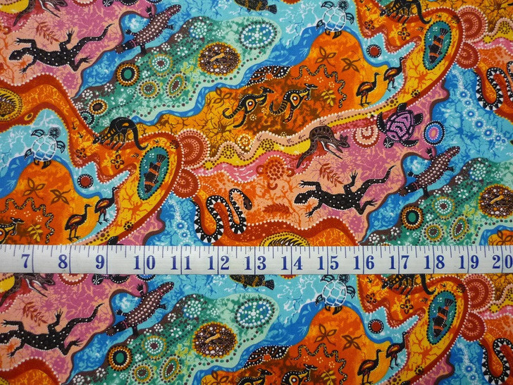 Australian Aboriginal Inspired Dilkara Emu Goanna Snake Cotton Quiltng Fabric