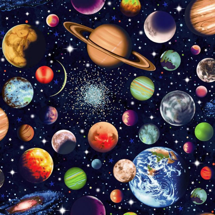 Solar System Scattered Planets and Sky Cotton Quilting Fabric