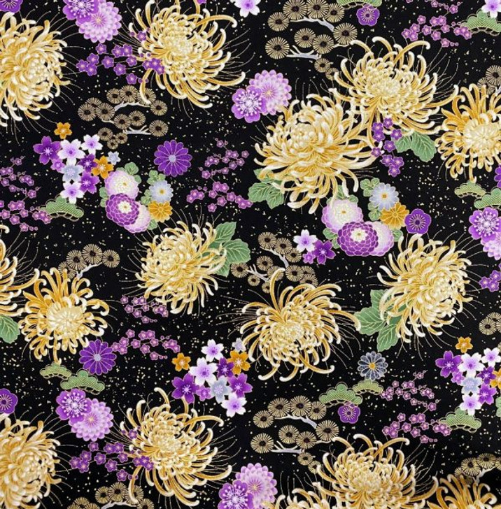 Majestic Japanese Medium Purple Floral Metallic Highlights CM8811-BLACK Cotton Quilting Fabric