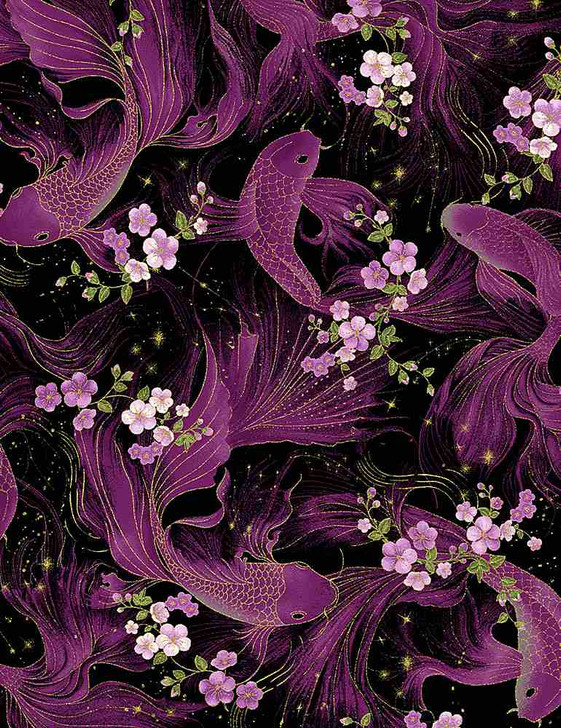 Majestic Japanese Koi Oriental Harmony Metallic Highlights CM8814-BLACK Cotton Quilting Fabric