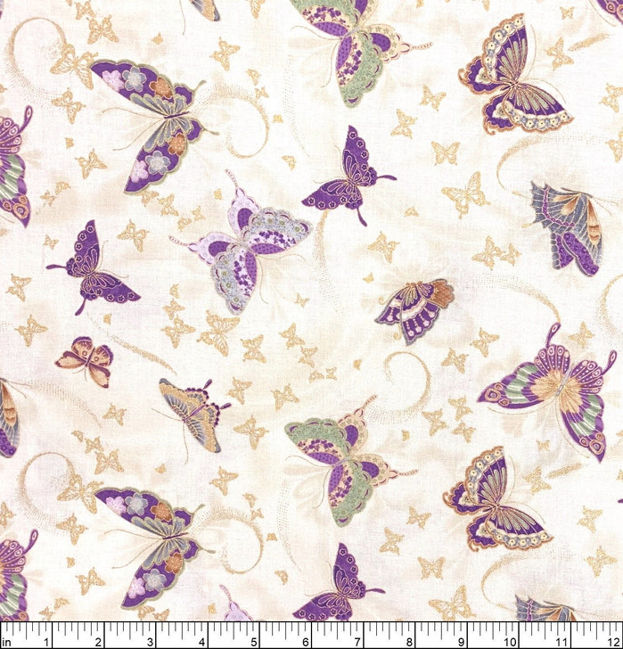 Majestic Amethyst Butterflies Cream Metallic Highlights CM8815-CREAM Cotton Quilting Fabric