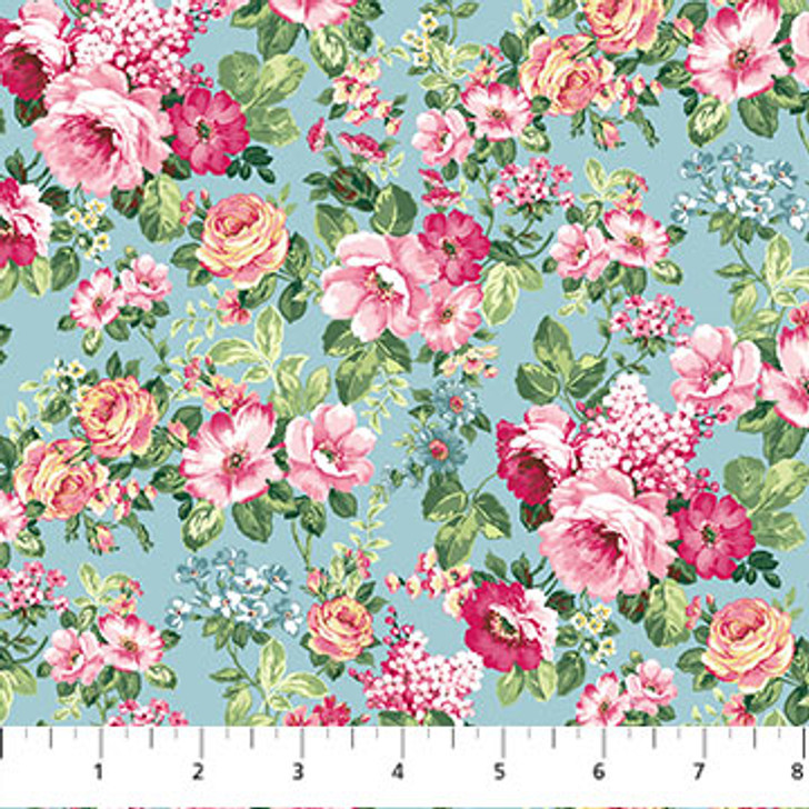 Tea for Two Floral Multi Blue Background 24897-44 Cotton Quilting Fabric