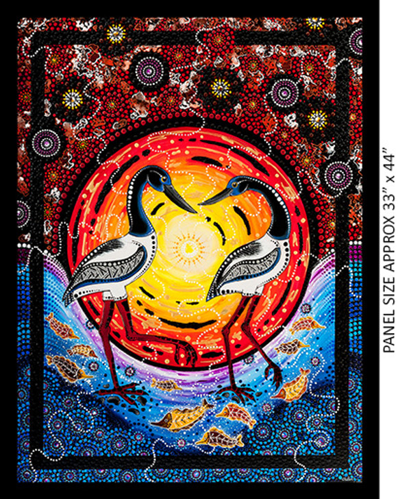 Aboriginal Art Spirit of the Bush 2 Jabiru and Kookaburra Cotton Quilting Fabric Panel