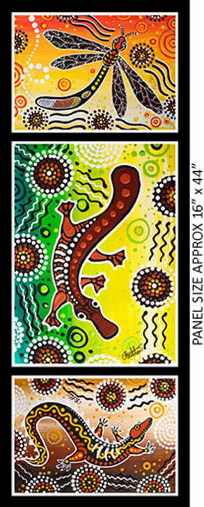 Aboriginal Art Spirit of the Bush 2 Platypus Dragonfly and Crocodile Cotton Quilting Fabric Panel