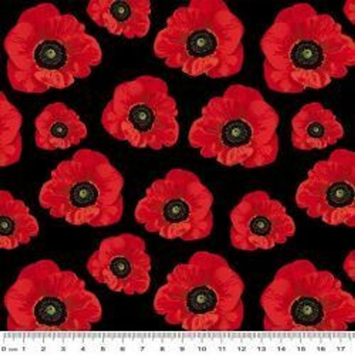 Remembering the ANZACS WW1 Poppies Black Small Cotton Quilting Fabric