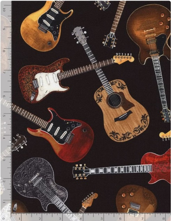 Guitars Tossed Rock Out Black C4824-BLK Cotton Quilting Fabric