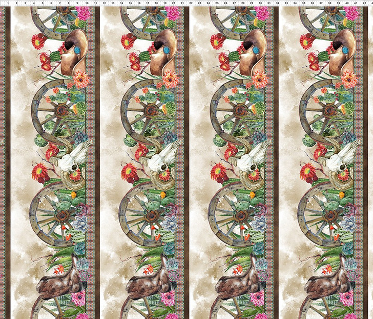 Southwest Multi Cowboys Cactus Border Stripe Cotton Quilting Fabric