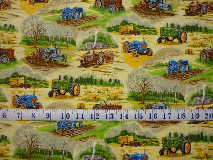 Old Farm Tractors Hay Bales Trees Country Scenes Cotton Quilting Fabric 70 cms