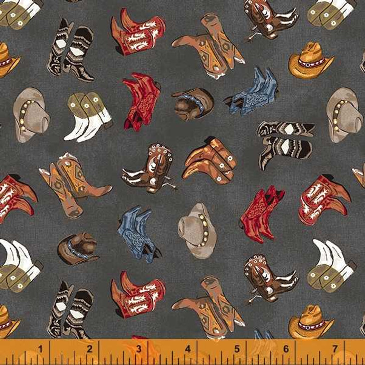 Sundance Cowboy Ranch Wear Boots Hats Charcoal 53110-5 Cotton Quilting Fabric