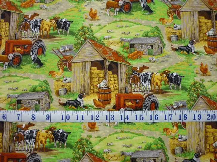 Farm Animals Cows Tractors Chickens Country Scene Cotton Quilting Fabric 70cms