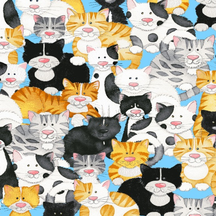 Cats Meow Stacked Cats Light Blue Cotton Quilting Fabric