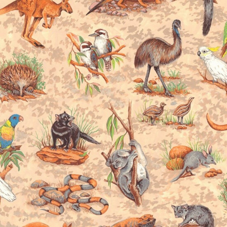 Australian Animals Wildlife Snakes Goannas Birds Cotton Quilting Fabric