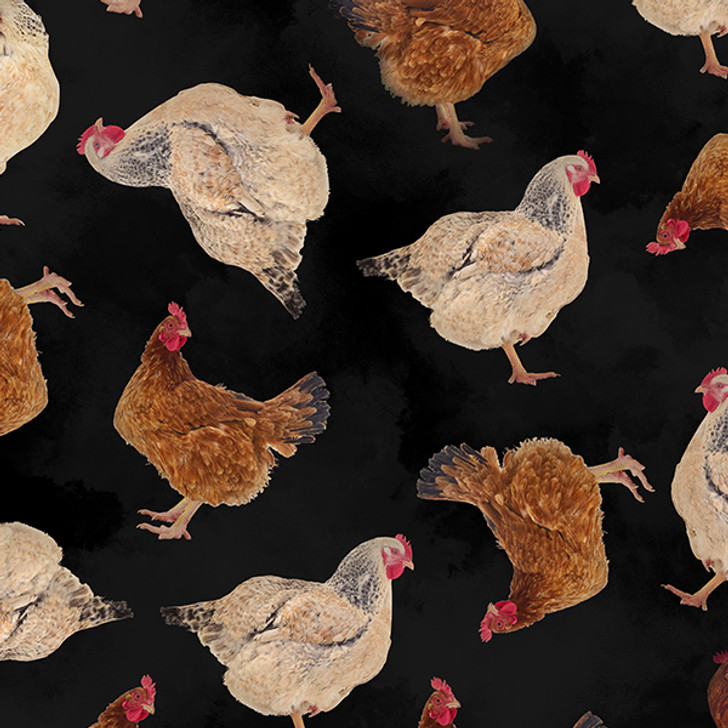 Rule The Roost Broody Hens Black Background 2105D Cotton Quilting Fabric